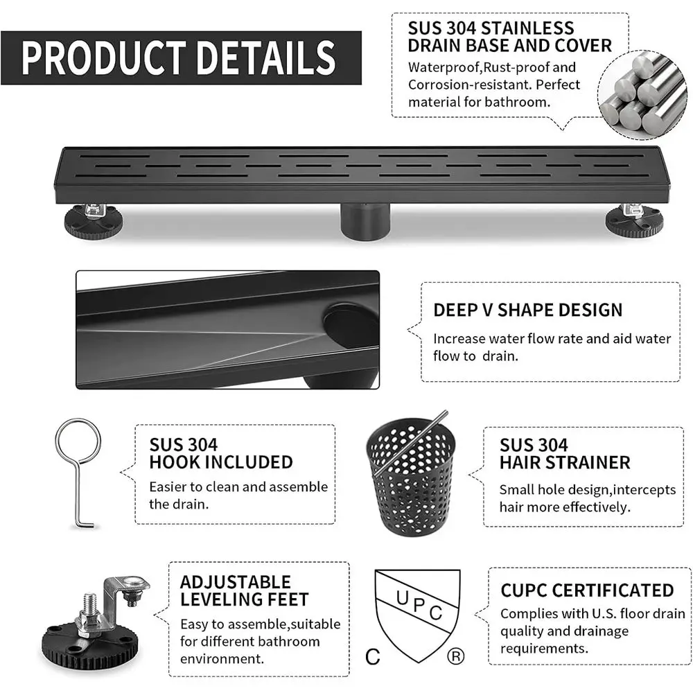 Ralo de Chuveiro Preto Fosco de 32 Polegadas com Grelha Removível, Ralo Embutido de Aço Inoxidável, Inclui Cesto Coletor de Cabelos