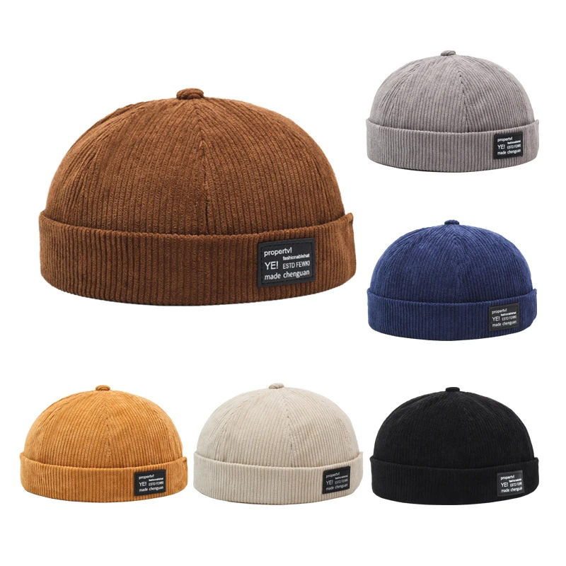 Unisex Autumn And Winter Corduroy Brimless Casual Hat, Personalized Yuppie Cap, Men's And Women's Striped Velvet Melon Skin Hats