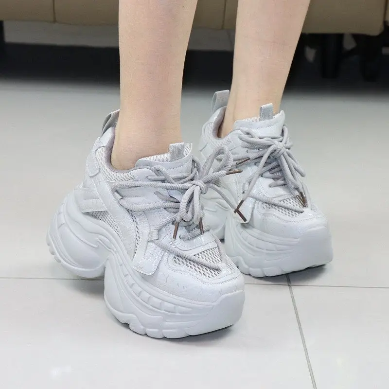 Ladies 10CM Platform Thick Sole Sneakers Breathable Mesh Casual Walking Shoes 12CM Elevator Chunky White Dad Shoes All Match