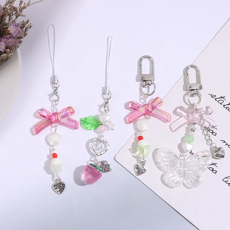 1PC Sweet Ins Car Bag DIY Accessories Y2k Girl Heart Butterflies Tassels Pendant Beaded Keychain Phone Ornaments