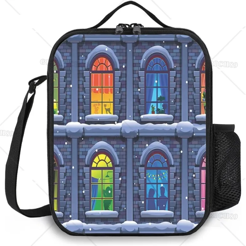 Windows Snowy Night Time Reusable Insulated Lunch Bag Urban Cooler Tote Box for Men Women Work Picnic or Travel with Pocket