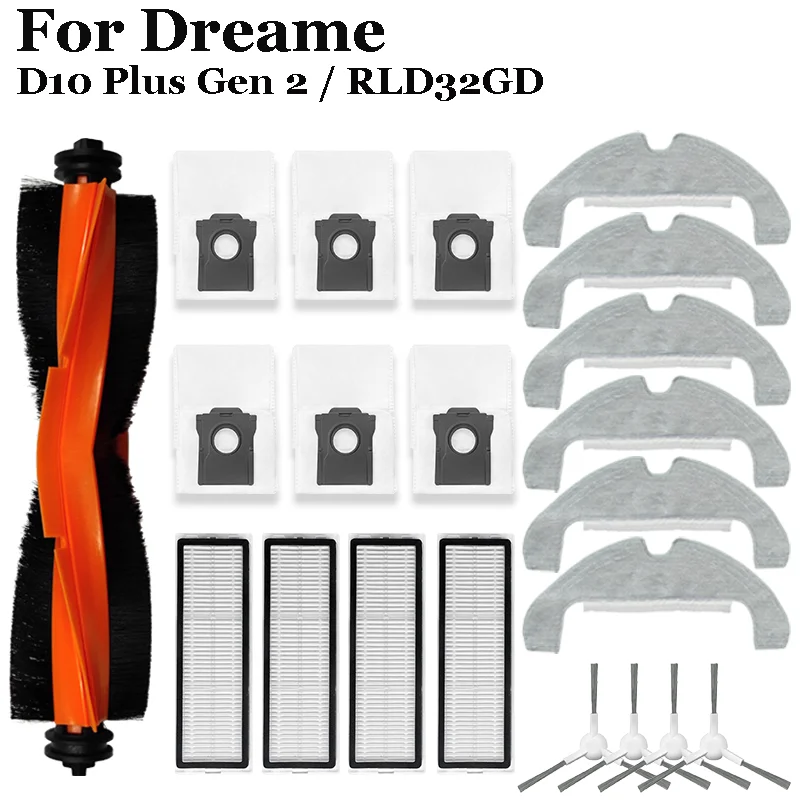 

For Dreame D10 Plus Gen 2 / RLD32GD Robot Vacuum Spare Parts Main Brush Side Brush Accessories Dust Bag Hepa Filter Mop Cloth