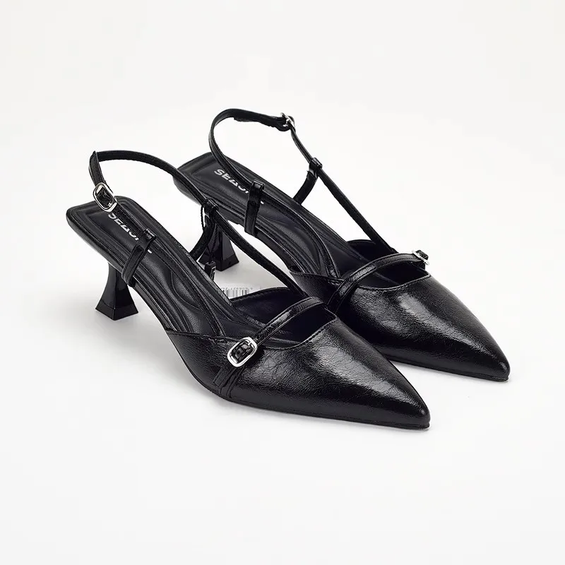 

Crack Pointed Toe Kitten Heels Sandals Women Summer Shallow Top Strape Buckle Cover Toe Thin High Heel Shoes Woman Pumps