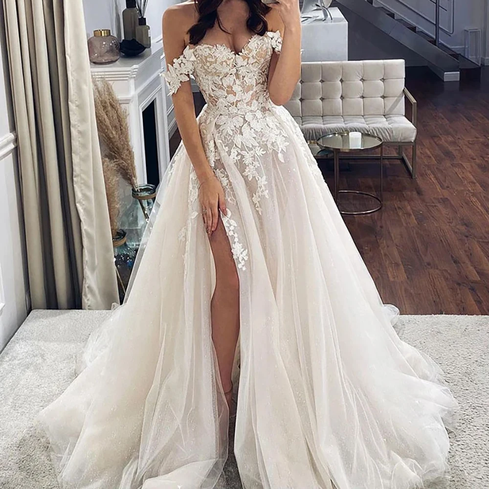 Wedding Dresses For Women 2025 Lace Off Shoulder Bridal Gowns Sweetheart Appliques Neck Side Split Wedding Party Robe Customized