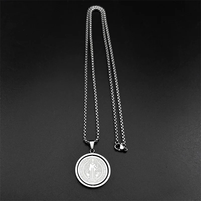 تدوير الكاثوليكية سانت بنديكت ميدالية قلادة للنساء الرجال الفولاذ المقاوم للصدأ الذهب اللون سلسلة القلائد مجوهرات سان بينيتو #5
