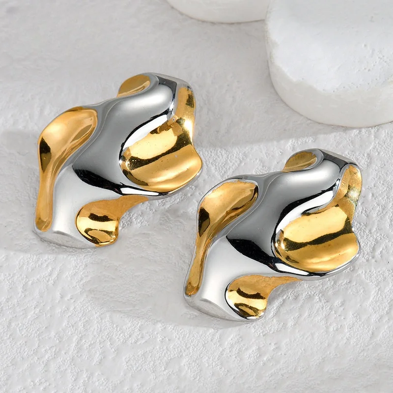 Simple Stainless Steel Stud Earrings Gold Color Two-Color Irregular Earring For Women Fashion Titanium Steel Jewelry Accessories