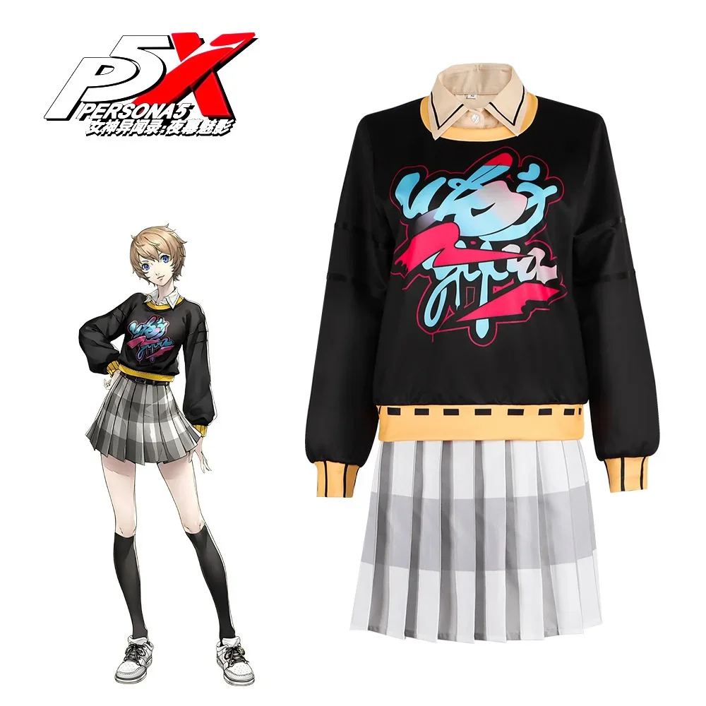 

Veste Arai Persona P5X Cosplay Motoha Arai Costume Wig The Phantom X JK Uniform Black Hoodie Pleated Skirt Outfit Clothing