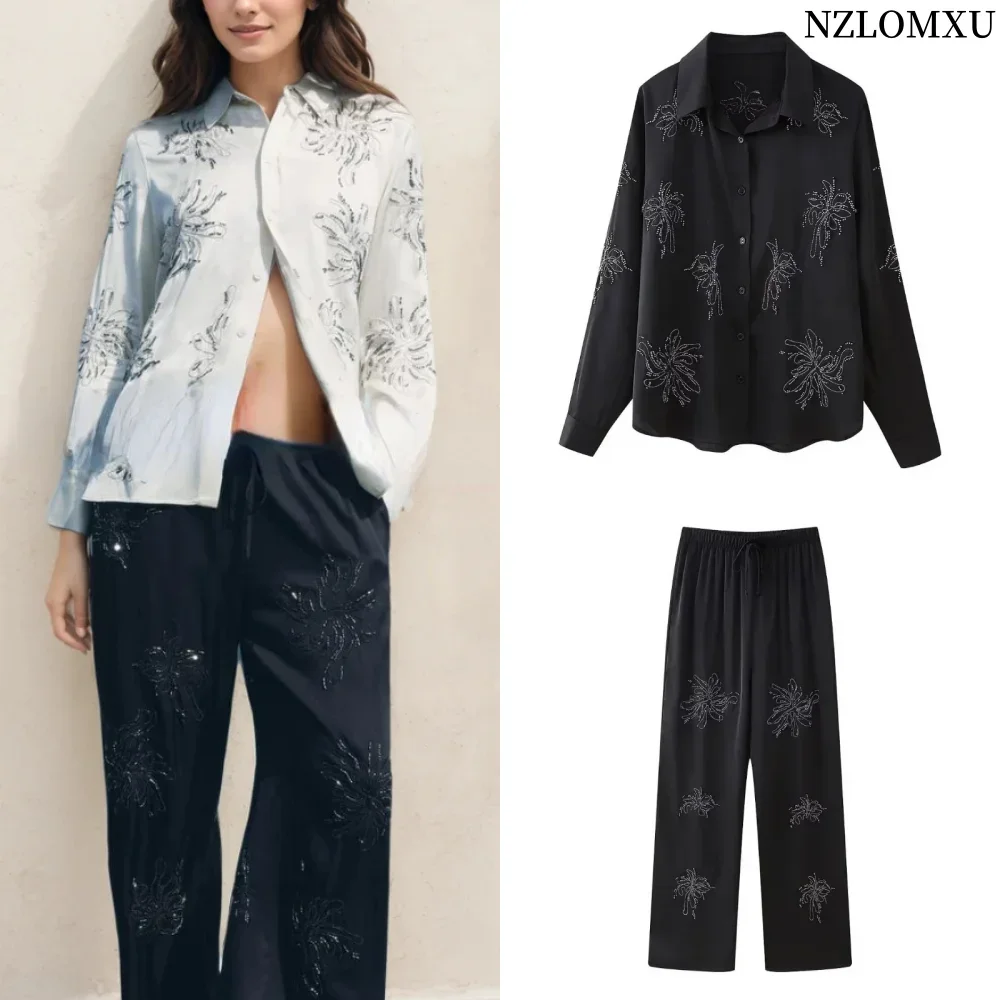 Women\'s Embroidered Beaded Shirt Pants Set Lapel Long Sleeves Bead Appliqués Blouse Elastic Drawstring Mid Waist Straight Pants