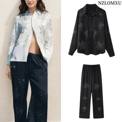 Women's Embroidered Beaded Shirt Pants Set Lapel Long Sleeves Bead Appliqués Blouse Elastic Drawstring Mid Waist Straight Pants