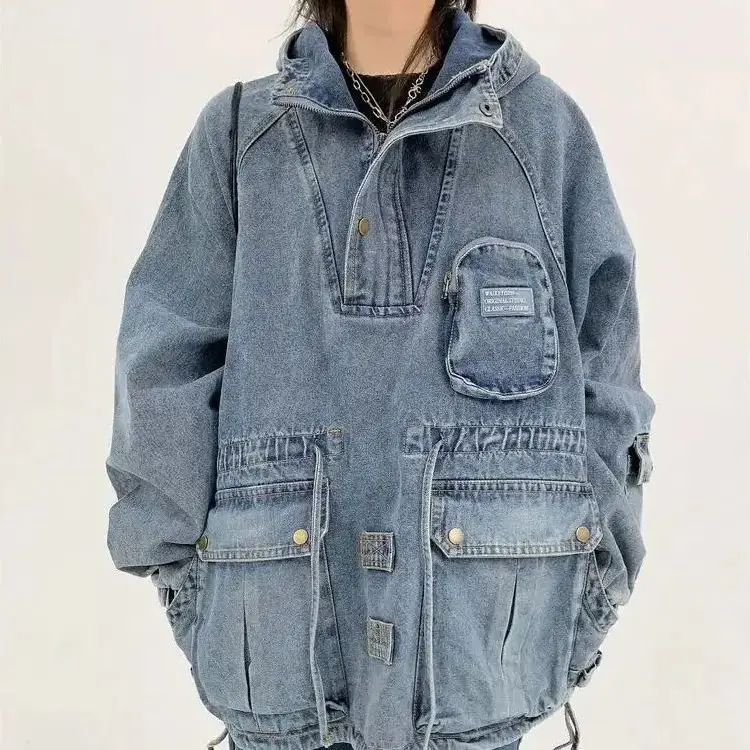 

Denim Top Hoodie Multi-Pocket Hip-Hop Loose Women Vintage Hooded Pullover High Street Wash Cargo Cowboy Coat Autumn Couples Tops