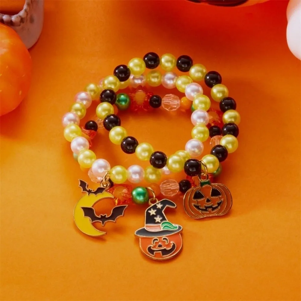 3pcs Gothic Style Pumpkin Pendant Bracelet Zinc Alloy Black Cat Halloween Hand Chain Set Cute Ghost Colorful Beaded Bracelet