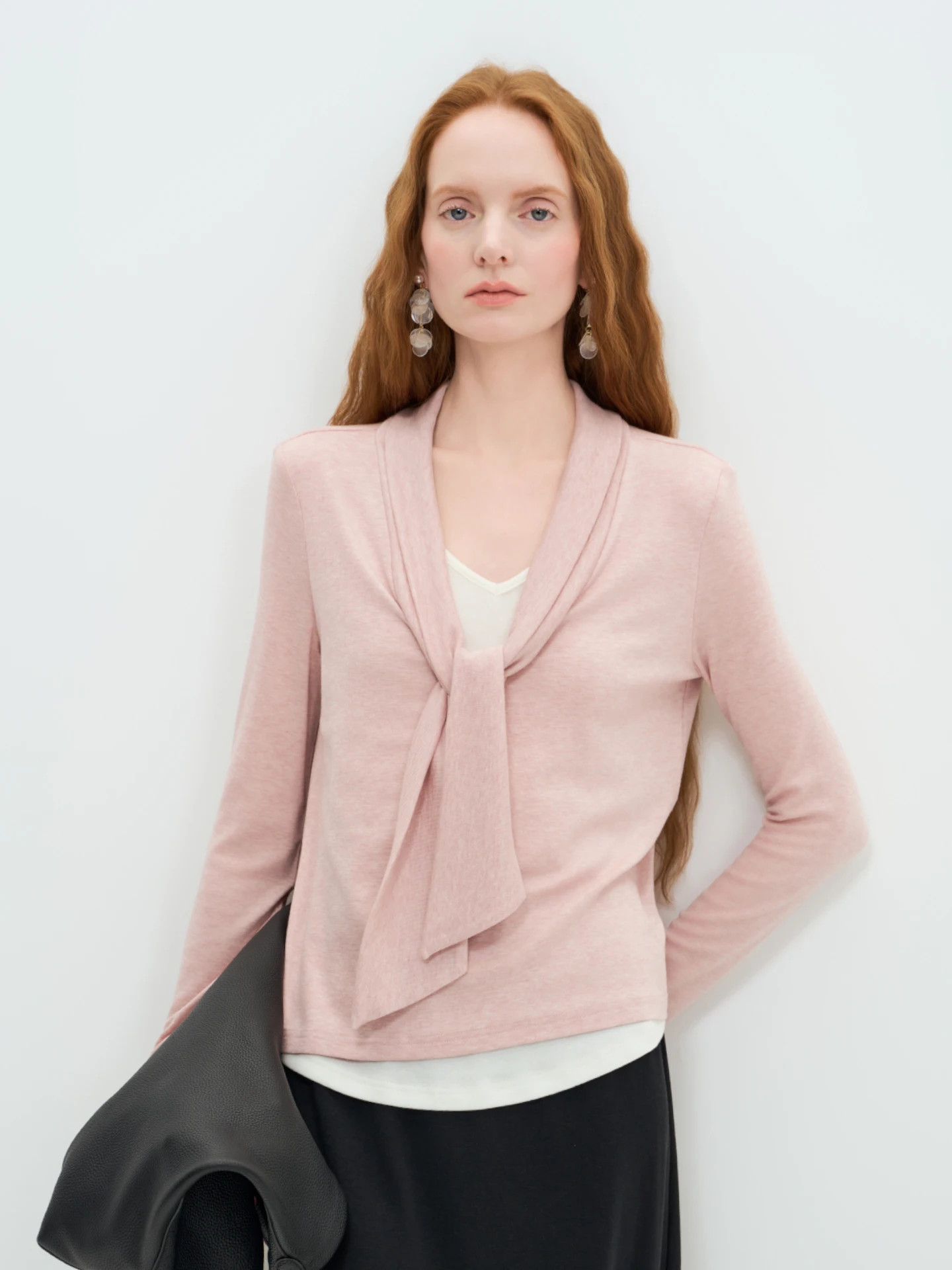 

LIMONN Gentle Faux Two-Piece Wool Blend Top with Ribbon V-Ne Long Sve Women's Base Layer irt Pink Inner Wear