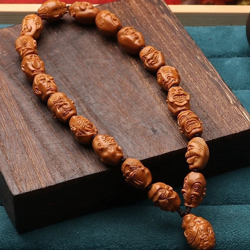 bracelet-en-olive-a-petites-graines-avec-dix-huit-arhat-a-visages-etranges-long-cordon-sculpture-sur-pierre-a-une-face-sculpte-a-la-main