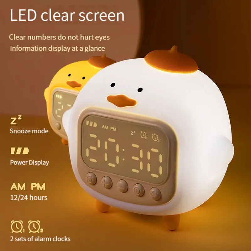 LED Time Display Night Light Cute Duckling Wake Up Volume Adjustable Alarm Clock Room Decorative Rechargeable Lamp Children Gift