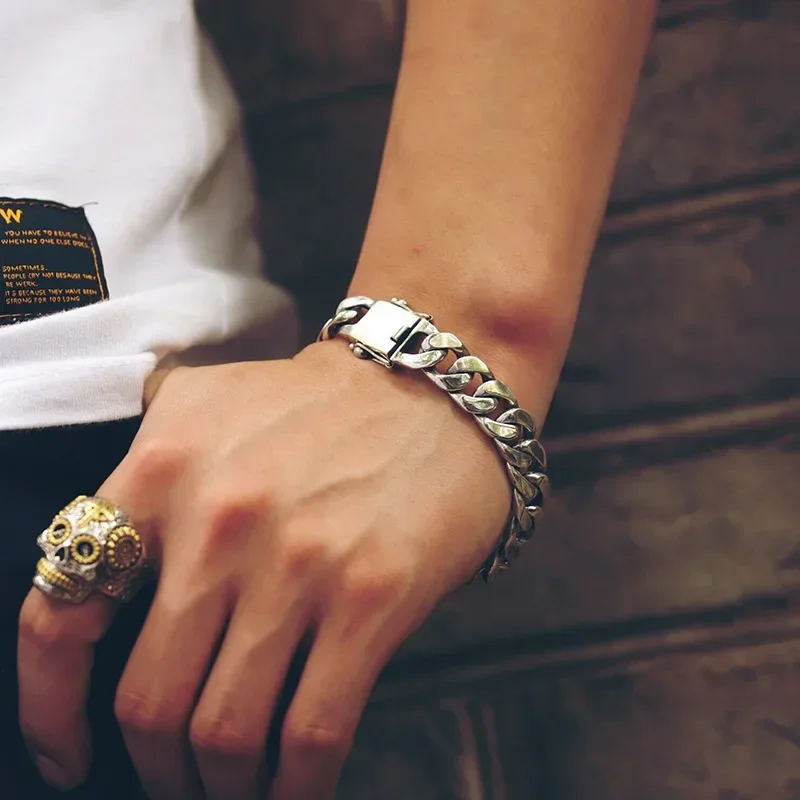 New Silver Color Domineering Men Bracelet Fashionable and Personalized Whip Chain Widened and Thickened Couple Fashion Jewelry
