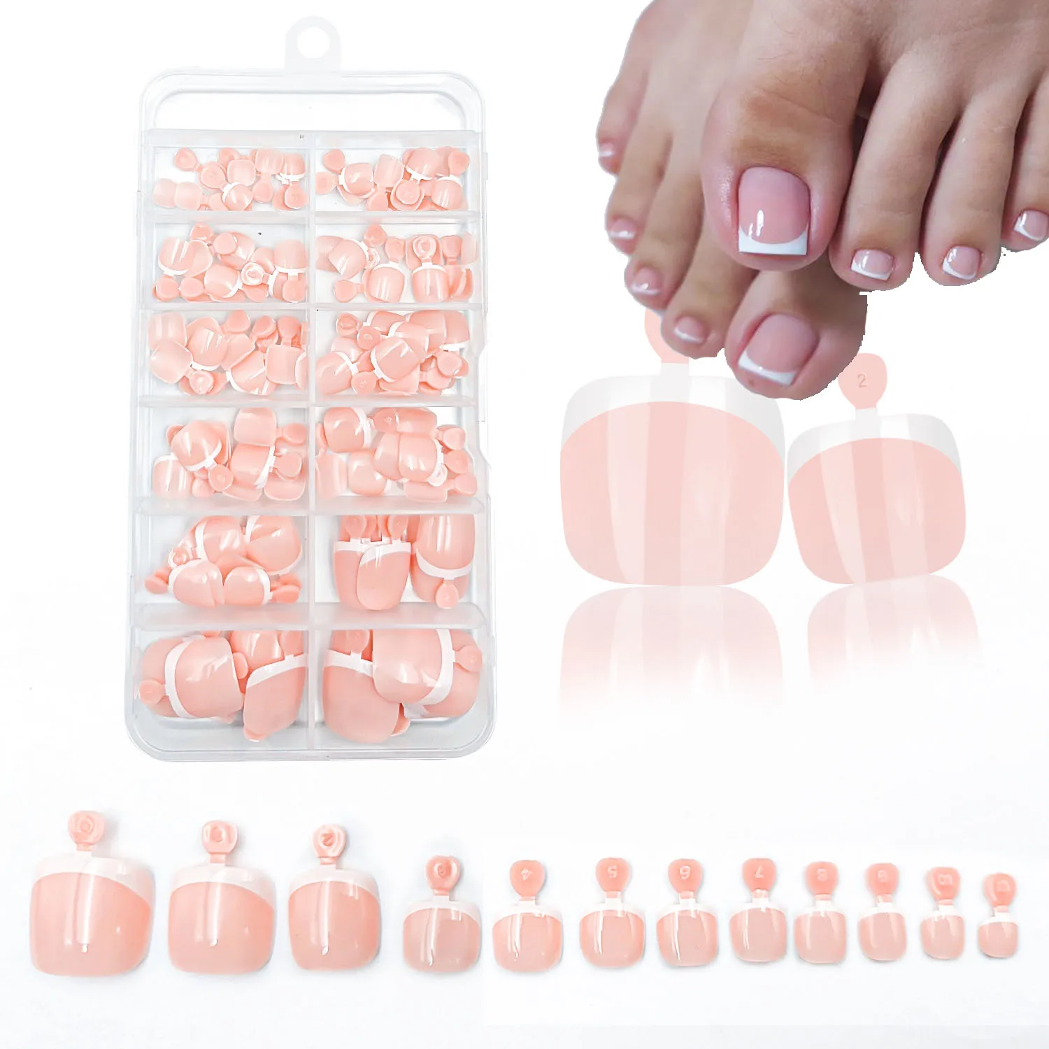 120 Stück glänzende nackte rosa französische Zehennägel-Set zum Aufdrücken, 1 x Box, kurze französische quadratische künstliche Zehennägel, einfarbige Maniküre-Zehennägel