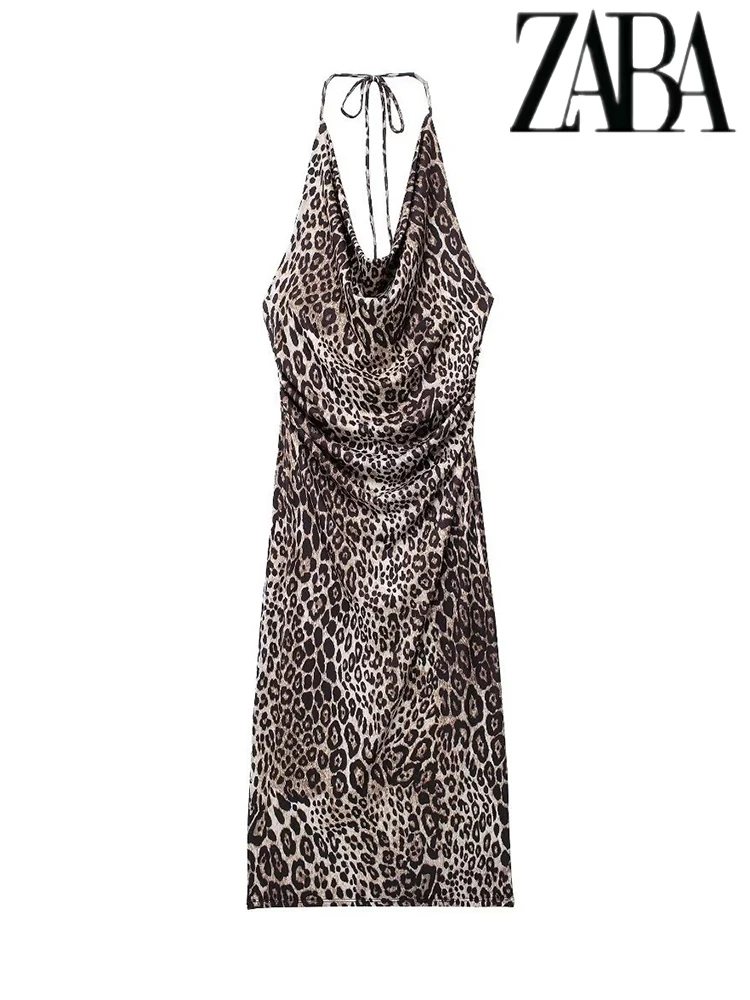 

TRAF Summer Beach Party Evening Dresses Animal Print Pleated Neck Dress Sexy V-Neck Backless Sleeveless Strapless Midi Dresses