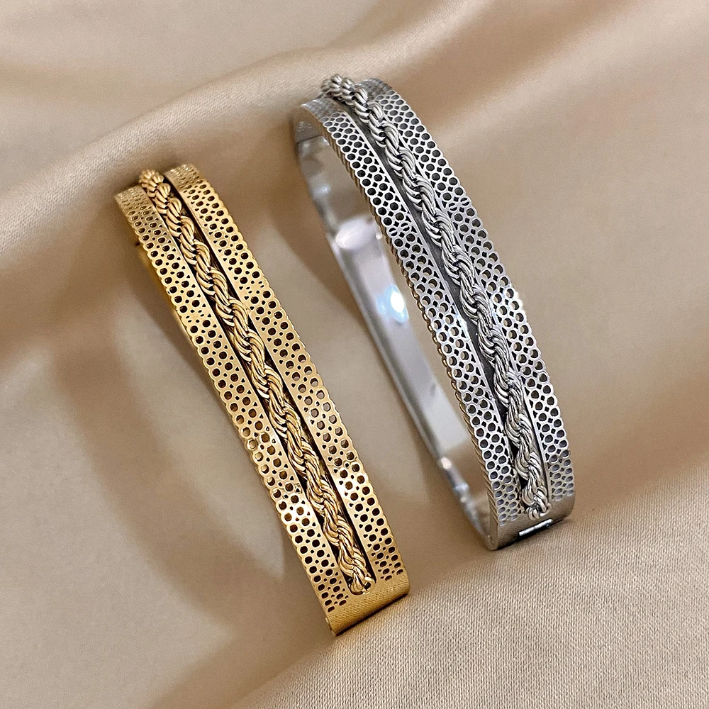 Chunky Gold Color Hollow Twisted Stainless Steel Bangles Bracelets for Women Vintage Unique Design Waterproof Jewelry Gifts