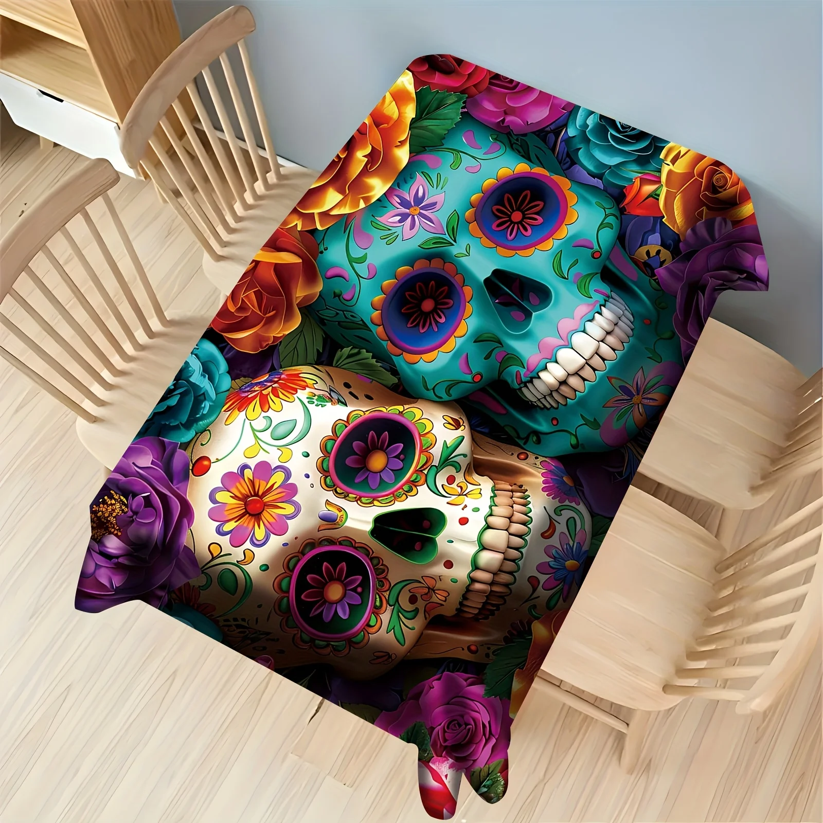 JIT - 1 piece Halloween skull printed tablecloth, Halloween night Mexican theme, floral plant tableclothzyc