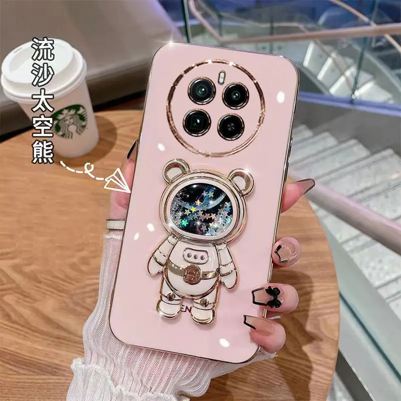 For Realme 12 Pro Plus Astronaut Quicksand Holder Phone Case For OPPO Realme 12 Pro+ 11 Pro Plating Stand Soft Silicone Cover