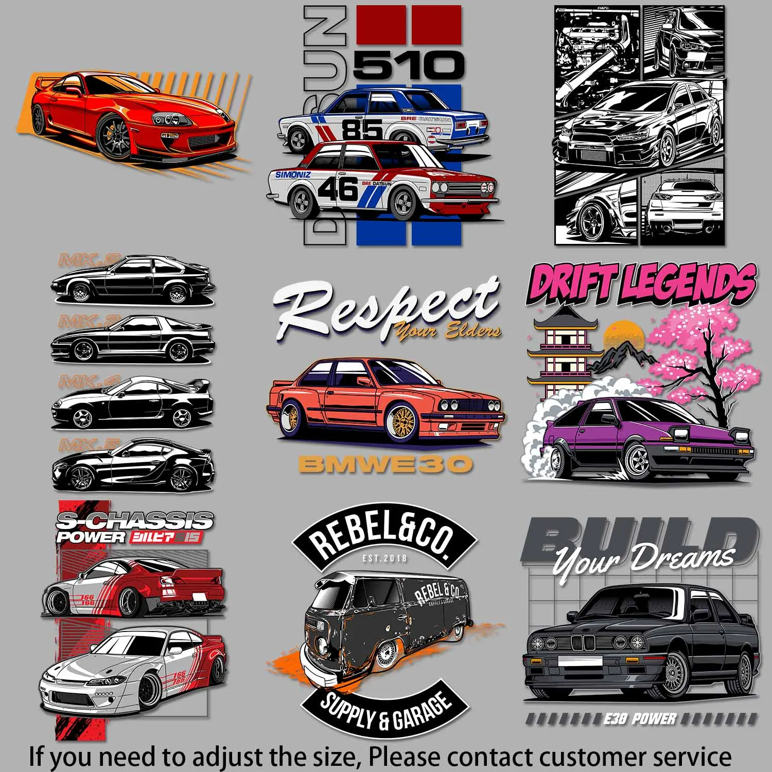 Transferencias de hierro para decoración de ropa, coches de carreras de estilo Vintage, furiosos y rápidos, con chasis modificado