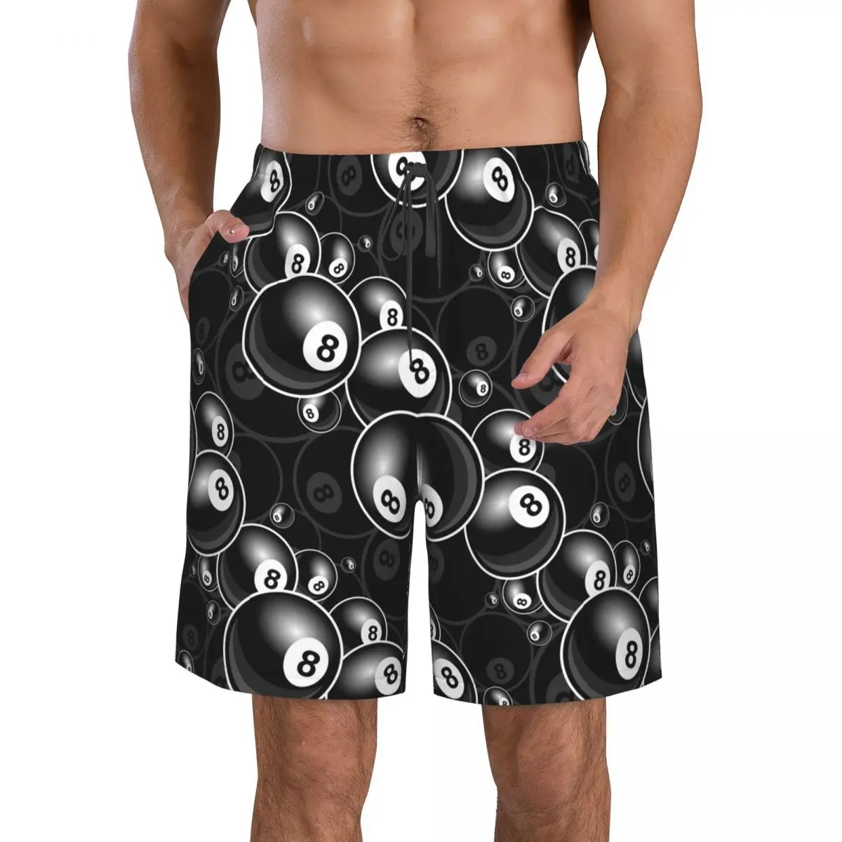 Billiards Black 8 Ball 8-Ball Black And White Trunks Beach Board Shorts Casual Quick Dry Swim Summer Men Pants