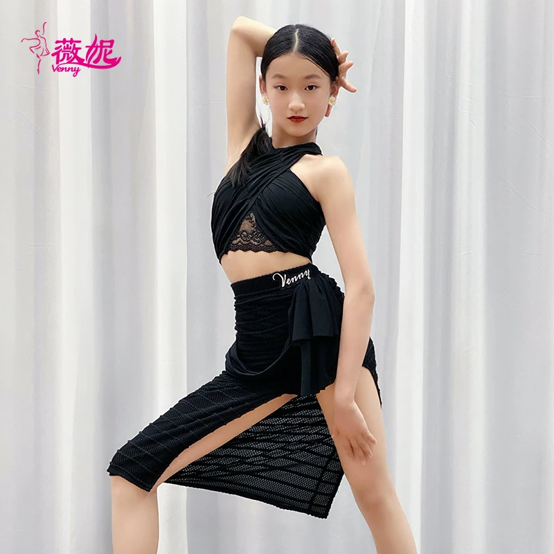 Vennystyle Abito da ballo latino per ragazze Set premium in due pezzi Top senza maniche e gonna da ballo per esercitazioni di allenamento