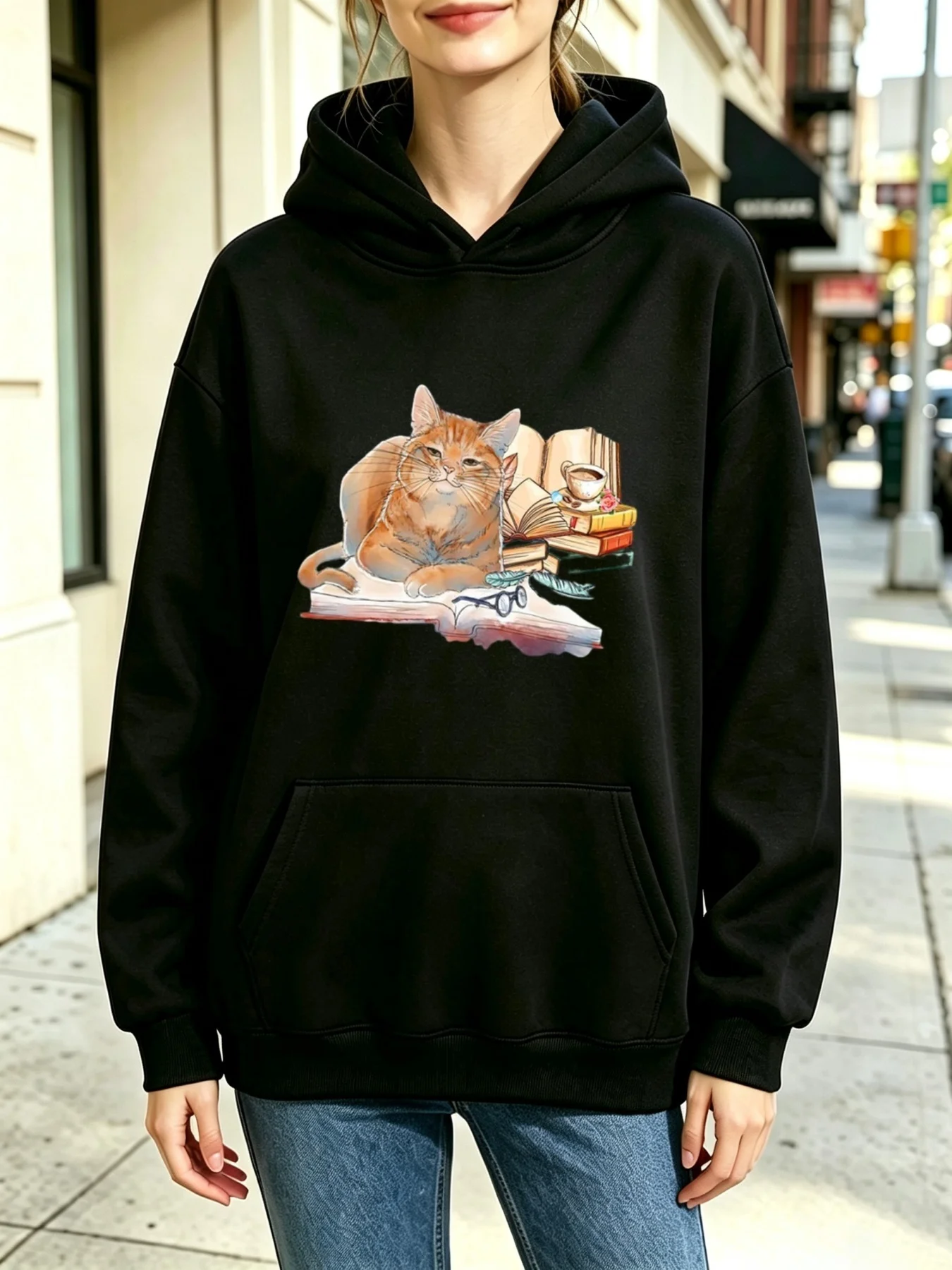 Women'S Hooded Sweatshirt Orange Cat Resting on Open Books with Coffee And Glasses Design Casual Basic Style Relaxed Fit, Fall Winter Daily Outdoor Lounge Work Wear, Soft Fleece Lined, Long Sleeve with Kangaroo Pocket, Multi Colors