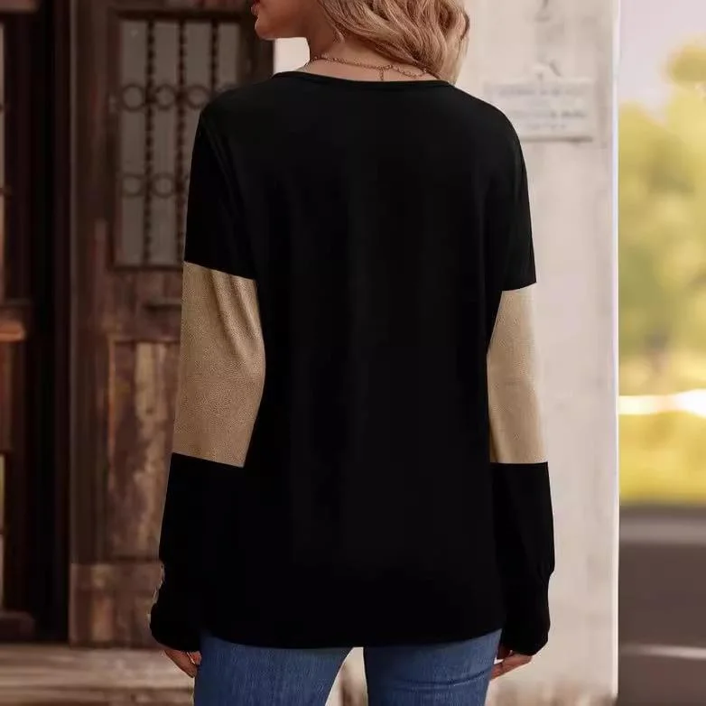 レディース ロングスリーブTシャツ カラーブロッキング カジュアル スタイル ポリエステル生地 アイロン不要 秋コレクション レディース...