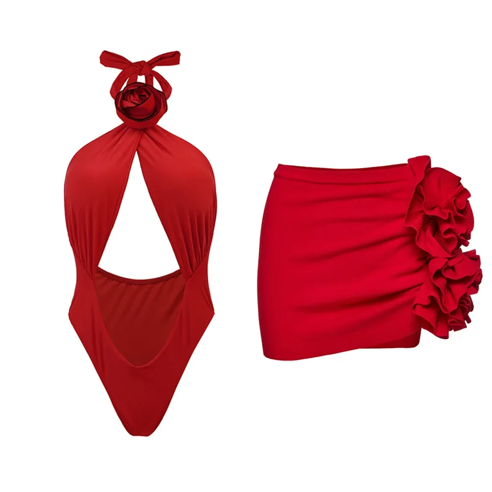2024 Women Swimwear One-Piece Swimsuit Ruffled Hollow Bandage Printed Puff Sleeve Bikinis Set Summer Beachwear Bathing Suit image 2
