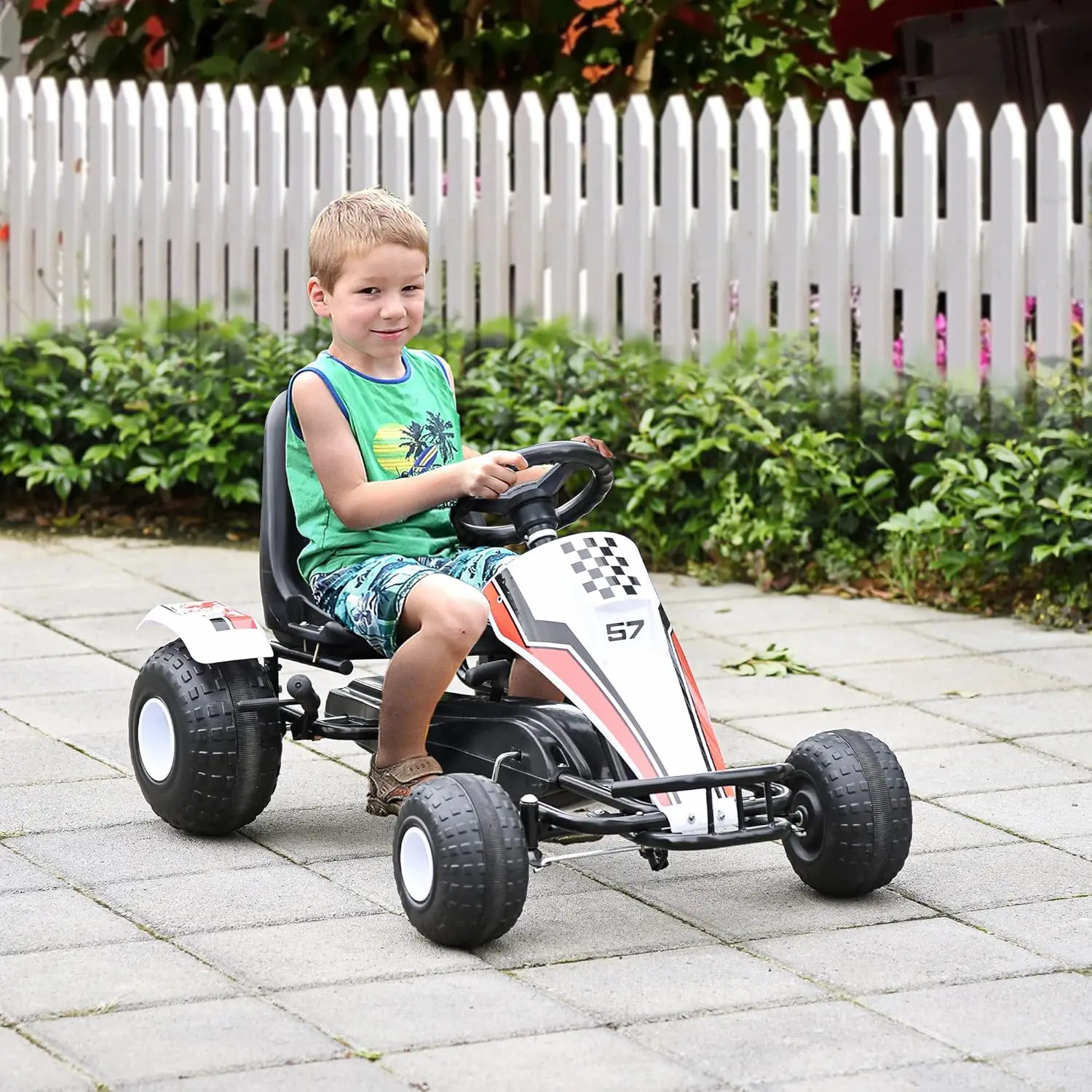 Pedal Go Kart Children Ride on Car Racing Style with Adjustable Seat, Plastic Wheels, Handbrake and Shift Lever, White