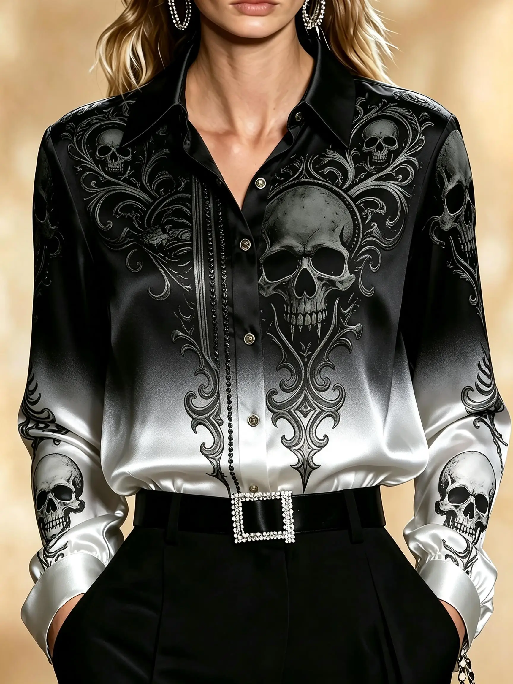 Women Lapel Long Sleeve Button‑Down Satin Shirt Gothic Baroque Scroll Skull Gradient Print Turn‑Up Cuff Casual Loose Blouse Tops