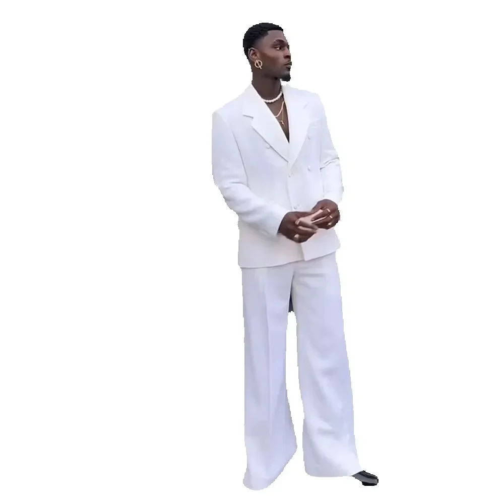 

White Men Double Breasted 2 Piecs Jacket Pants Loose Casual Business Elegant Male Clothing Prom Party Dress
