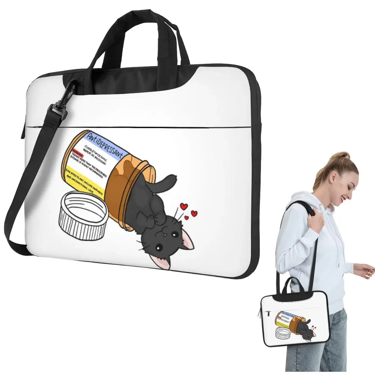 Kitty Antidepressant Love Medicine Crossbody Laptop Bag Case Computer Bag Resistant Protective Notebook Pouch for Macbook Pro
