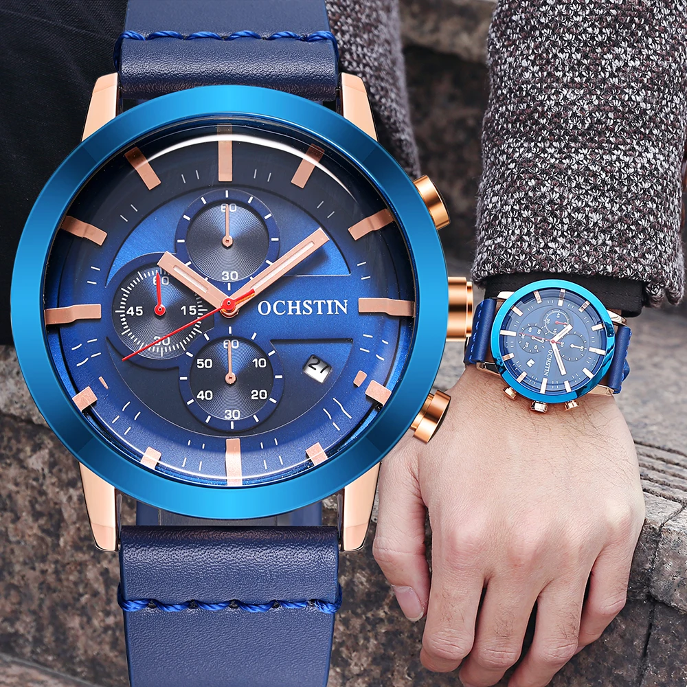 

OCHSTIN Blue Dial Men Quartz Watch Creative Design Chronograph Wristwatches Leather Fashion Male Clock Hodinky Relogio Masculino