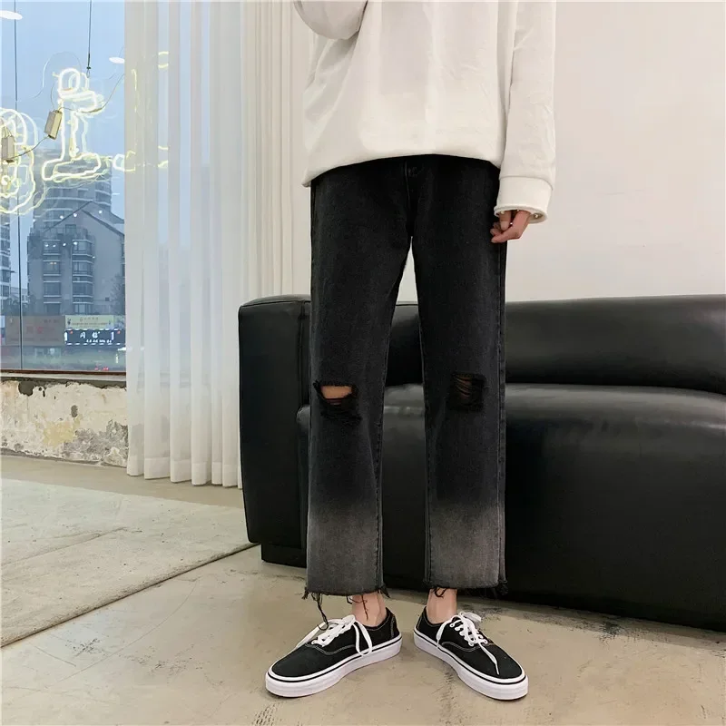 2024 Spring Autumn Men Fashion Gradient Ripped Hole Jeans Male Korean Loose Straight Pants Mens Pockets Denim Trousers F158