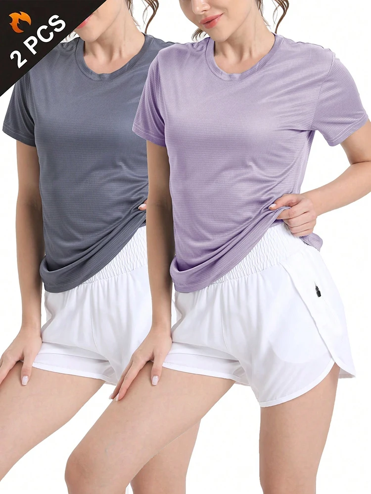 2Pcs Women\'s Solid Color Ultralight Quick Dry Sport T-Shirt, Breathable Lightweight Top For Fitness Training Workout Running Gym