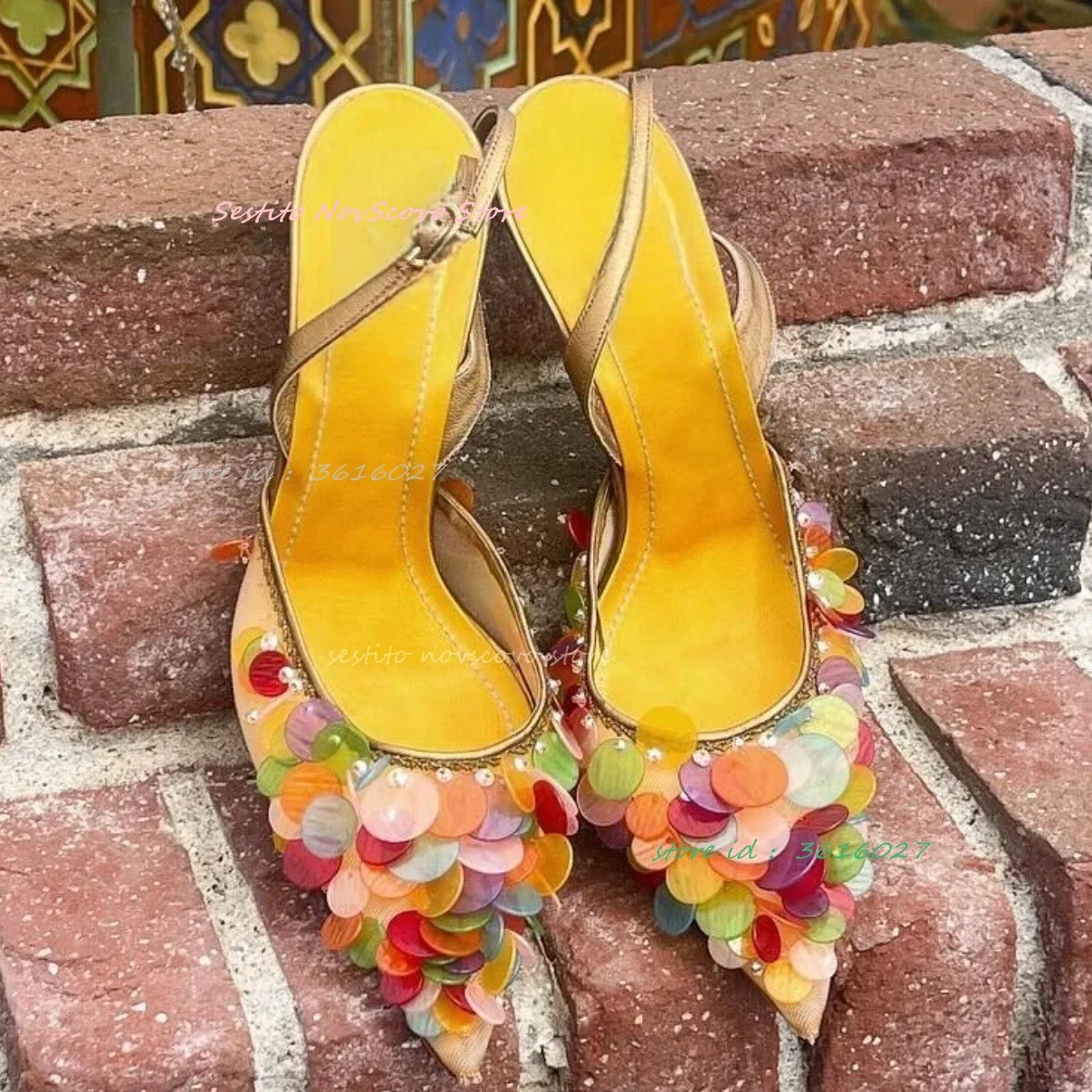 

Pointed Toe Colorful Sequins Sandals Back Strap Buckle Sexy Women Summer Stiletto High Heels Pumps Classic Dress Party Shoes