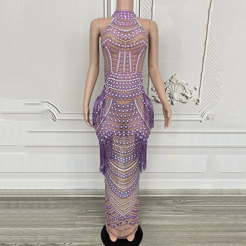 

Heavy Industry Purple Rhinestone Fringed Dress Socialite Birthday Party Evening Dress Miss Universe Chooses Beautiful Clothes