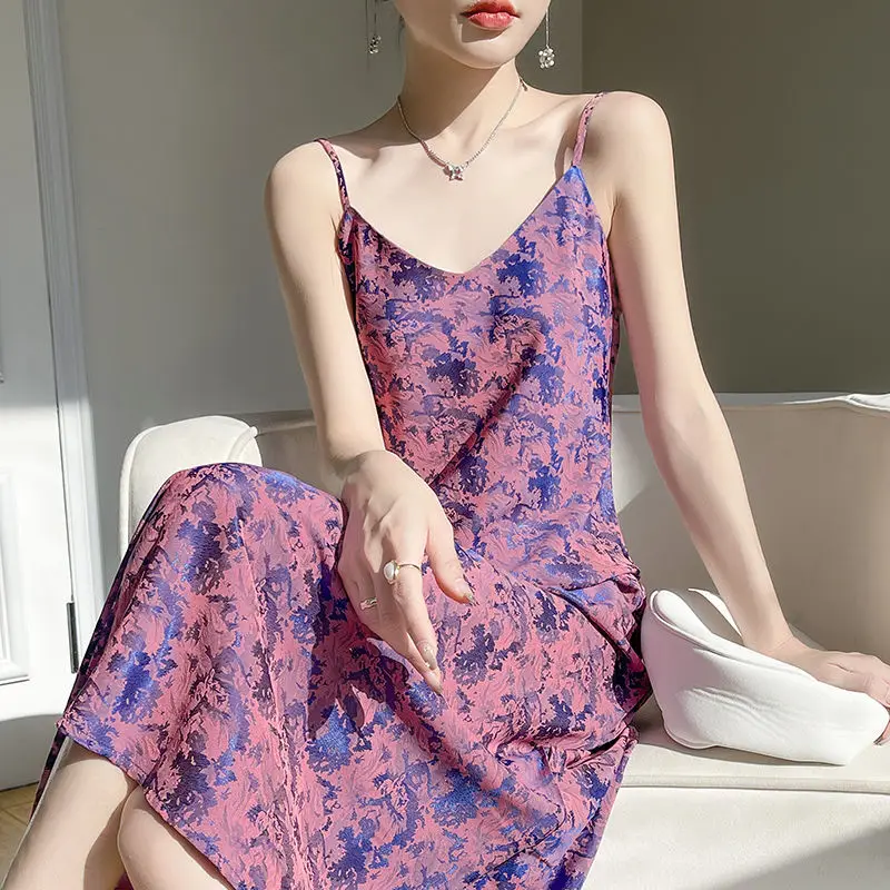 

New Chinese Style Retro Slip Dress Acetate Satin Surface Silk Jacquard Temperament Fashionable Long Skirt Summer Women's Dress