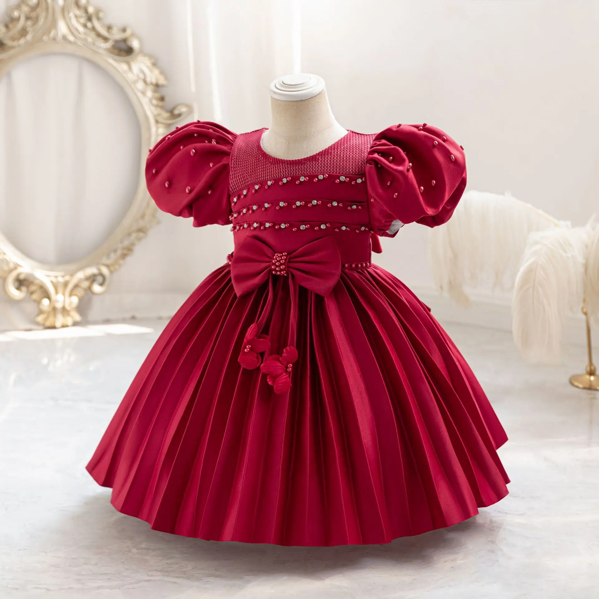 HETISO Kids Dresses For Girls Beading Autumn Clothes Child Satin Party Princess Formal Bridesmaid Pageant Ball Gown 3-10 Years