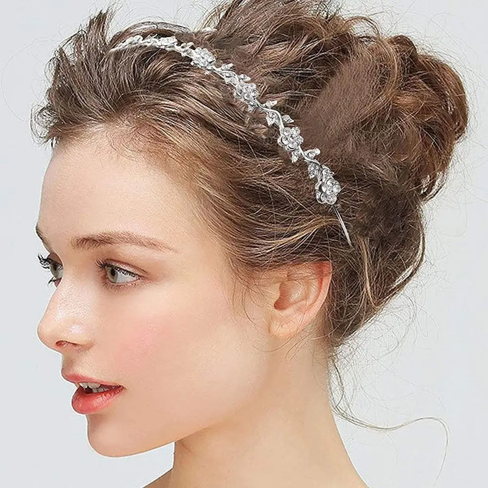 Aro para el pelo con diamantes de imitación brillantes, Tiara elegante con perlas, flor, hoja, peineta, adornos para el cabello de cristal para novia, accesorios para el cabello de novia