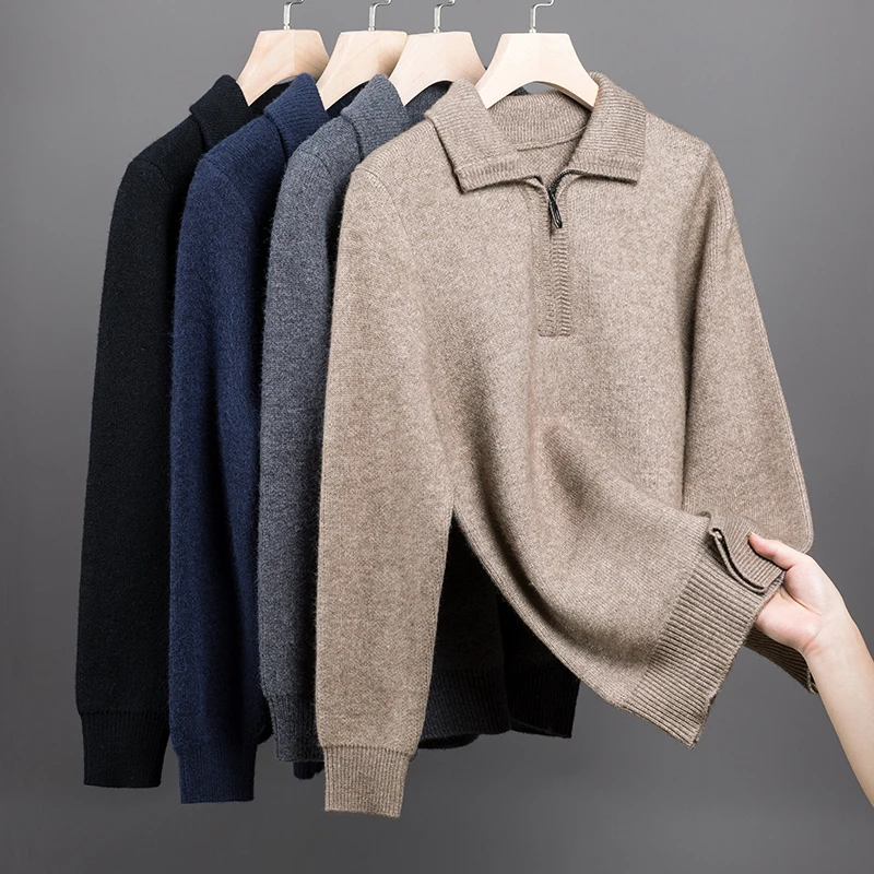 

New Men Cashmere Sweater for Warm Comfort Knitted Long Sleeved O-neck Zipper Pullover Alpaca Sweater Male Brand