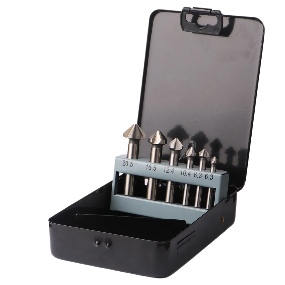 

6PCS 6.3-20.5mm HSSCO Cobalt 3 Flute 90 Degree Chamfer Countersink Drill Bits Set(6.3/8.3/10.4/12.4/16.5/20.5mm)