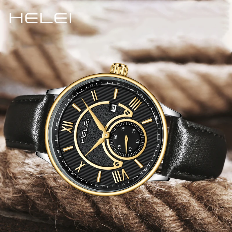 HELEI Fashion new sports casual quartz watch date genuine leather strap men's wristwatch