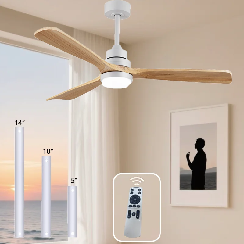 Wood Solid Ceiling Fan Light LED Remote Control Noiseless Ceiling Pendant Lamp Adjustable Height Lustre Chandelier Room Decorati
