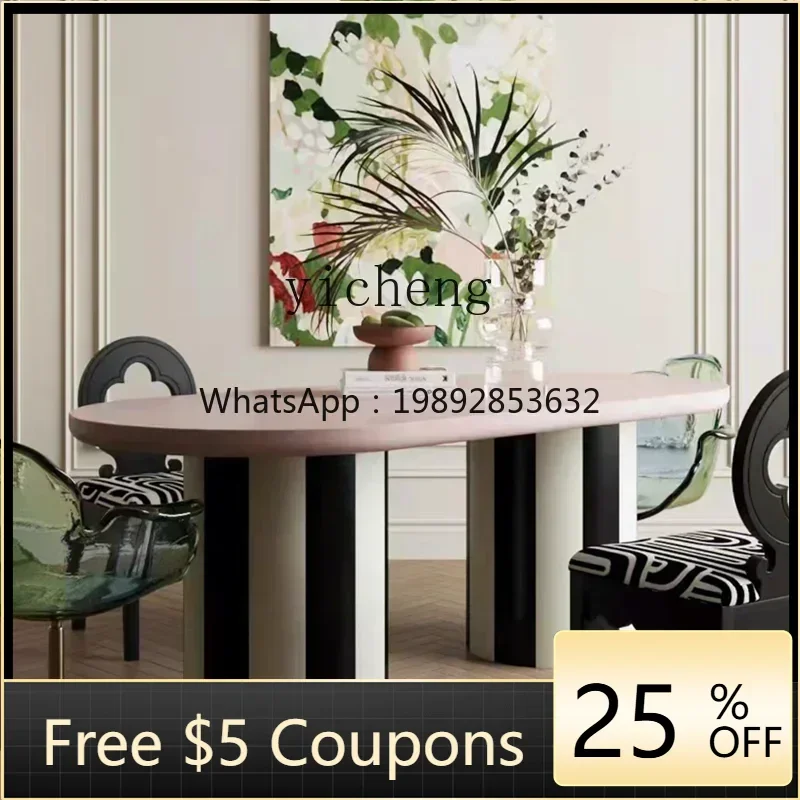 

Dining Table Simple Modern Mid-Ancient Retro Pink Art Ellipse Dining Table Arc Solid Wood Dining Table