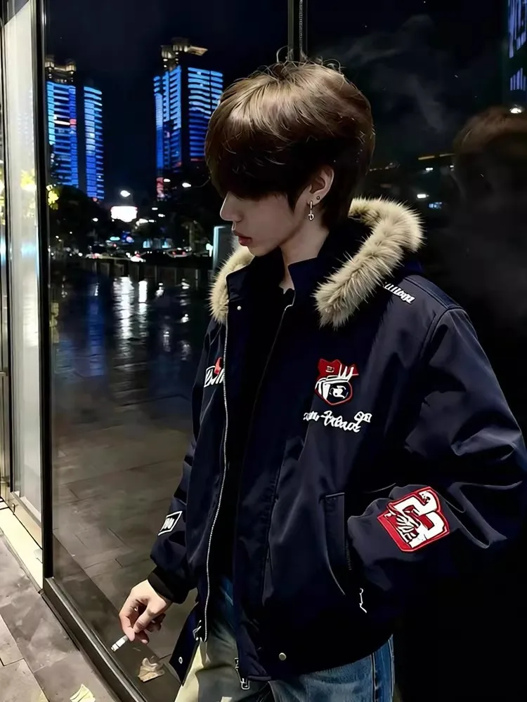 

American Retro Embroidered Eagle Cotton Jaet Men's Thiened Winter Hiphop Flight Jaet Outerwear Warm Stand Fit Long S...