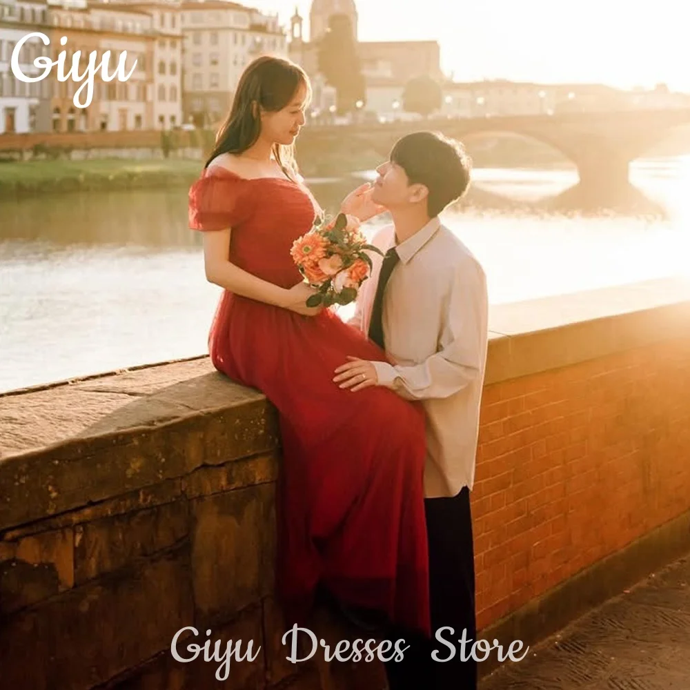 

Giyu Elegant Red Off Shoulder A-line Wedding Party Dresses Tulle Short Sleeves Korea Photoshoot Customized 2025 Evening Gowns