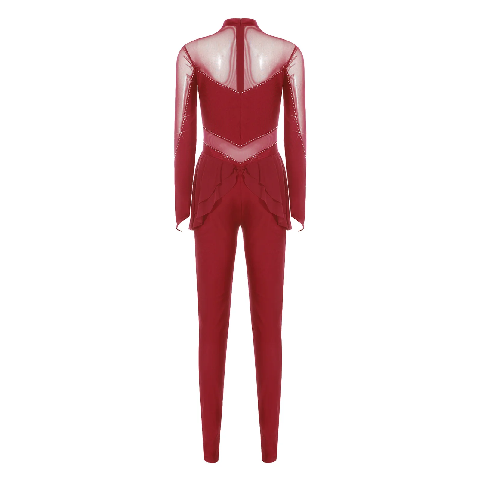 Frauen Eiskunstlauf Gymnastik Overall Glänzende Strass Sheer Mesh Patchwork Langarm Leggings Unitard Body für Sport